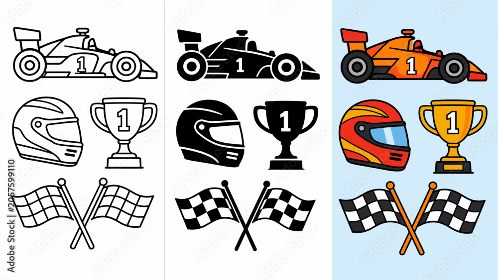 Naklejka premium Collection of racing icons: formula car, helmet, trophy, and checkered flags