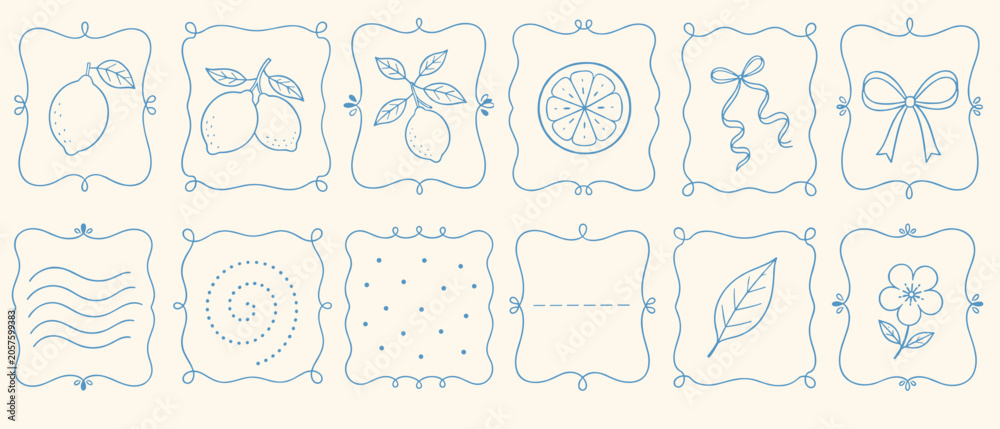 Obraz premium Charming blue line art illustrations of lemons, bows, and nature elements on cream background