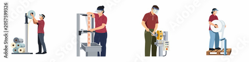 Set of flat vector illustrations featuring factory workers operating industrial machinery and processing paper rolls while wearing protective face shields.