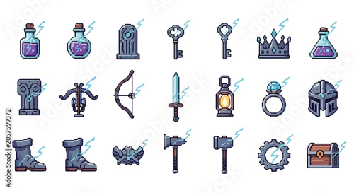 Konstfotografi A set of fantasy RPG items including potions, weapons, armor, and keys, rendered in a consistent pixel art style with blue mystical smoke trails
