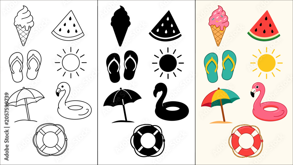Obraz premium Collection of colorful summer icons for beach vacation and relaxation