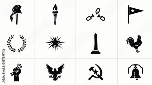 Foto Icons set of french revolution symbols and national emblems black silhouette vector