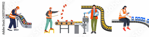 Set of factory workers operating conveyor belts for sorting, scanning, and managing product distribution in a warehouse or production facility.