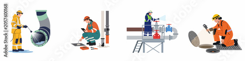 Obraz na płótnie Collection of industrial workers performing maintenance, inspection, and repair on sewer, water, and plumbing systems in various urban utility environments