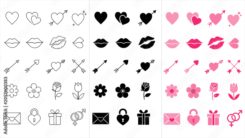 Fototapeta premium Collection of romantic icons including hearts, lips, flowers, and gifts