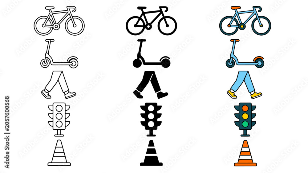 Naklejka premium Icons representing different modes of urban transportation and traffic signals
