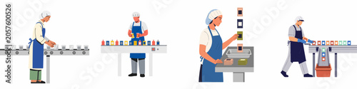 Set of illustrations showing factory workers packaging goods on a production line in a clean industrial environment.