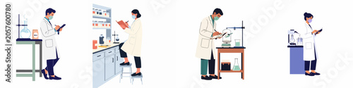 Set of diverse scientists in lab coats conducting research and chemical experiments with various laboratory equipment in a flat vector illustration style.