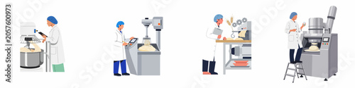 Industrial bakery workers operating large-scale dough mixers and automated machinery for food production in a modern factory setting.