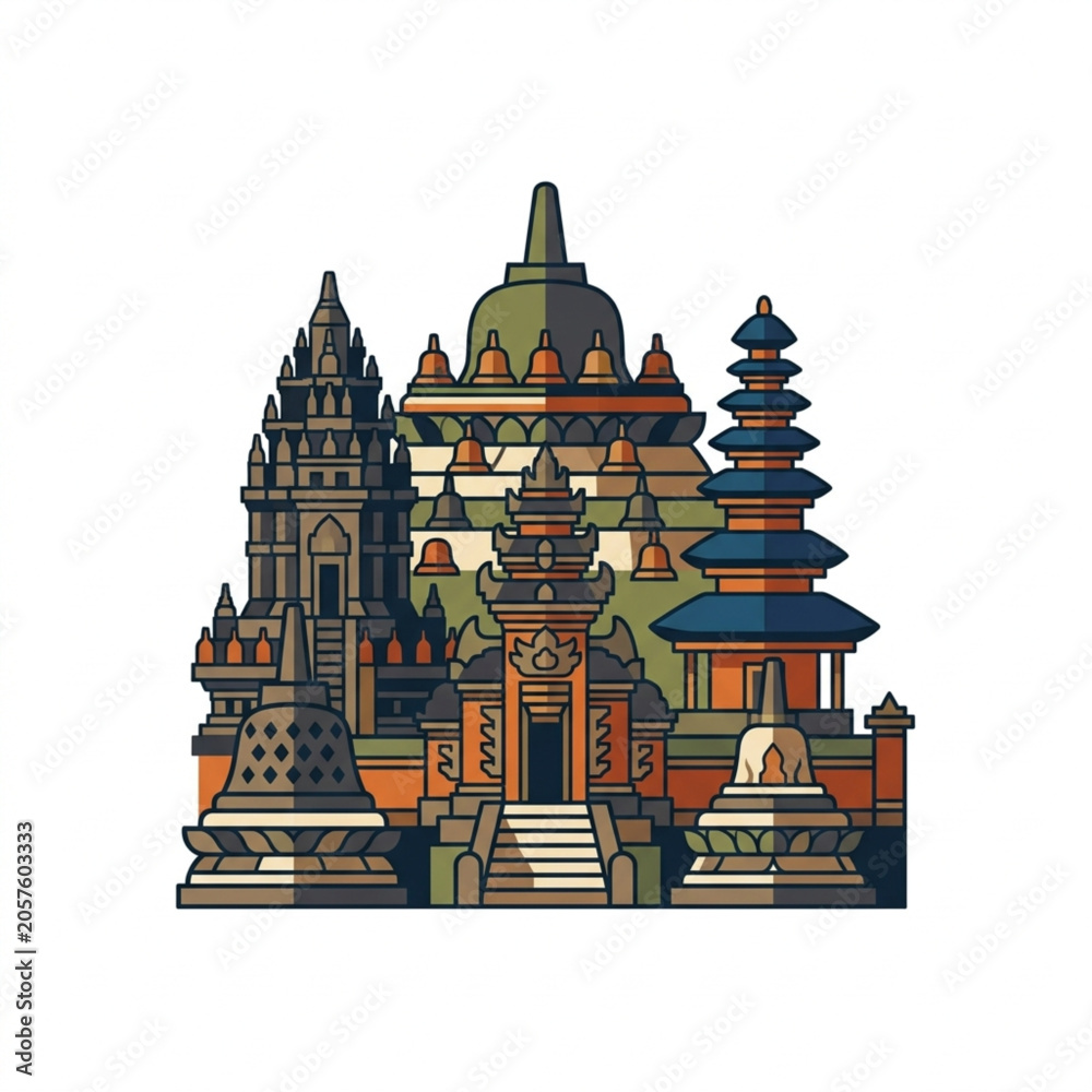 Obraz premium Ancient Indonesian Temple Complex Pixel Art Illustration.