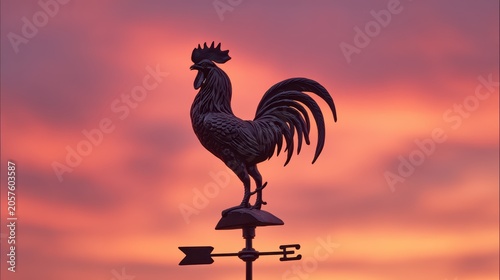 Rooster Weathervane at Sunrise: A silhouetted rooster weathervane stands proudly against a vibrant sunrise sky painted with hues of pink and orange, signaling the start of a new day.