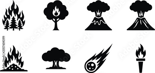 Forest fire burning trees and smoke stages with wildfire spreading and extinguished flame icon Vector