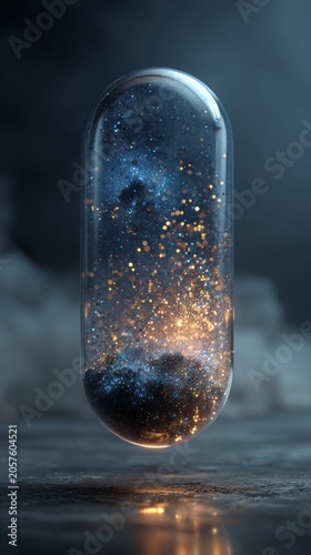 Transparent Medicine Pill Filled with Sparkling Galactic Light