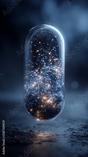 Futuristic Capsule Containing Cosmic Particles and Glowing Energy