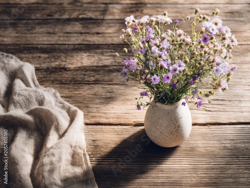 Rustic Wildflower Bouquet In Ceramic Vase On Wooden Table