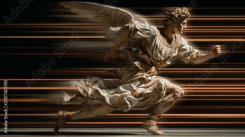 Winged Marble Angel In Dynamic Motion With Light Trails