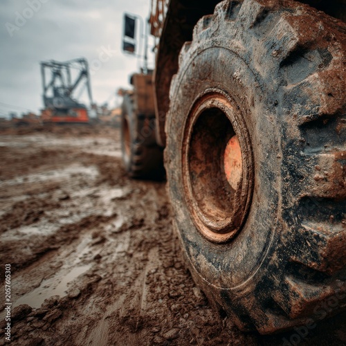 Mud Covered Construction Vehicle Tire On Industrial Worksite Terrain Closeup