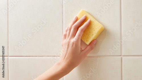 Hand Cleaning Modern Countertop With Sponge In Bright Kitchen