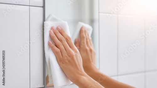 Hand Wiping Bathroom Mirror With Soft Cleaning Cloth