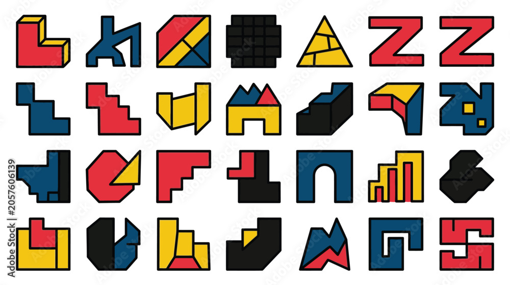 Fototapeta premium Abstract geometric shapes set featuring colorful flat icons with bold black outlines for graphic design projects