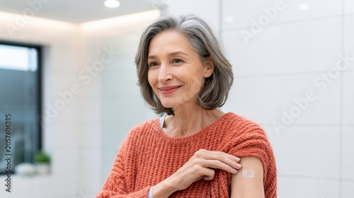 Elderly woman applying patch arm smiling modern bathroom promoting women health and self care