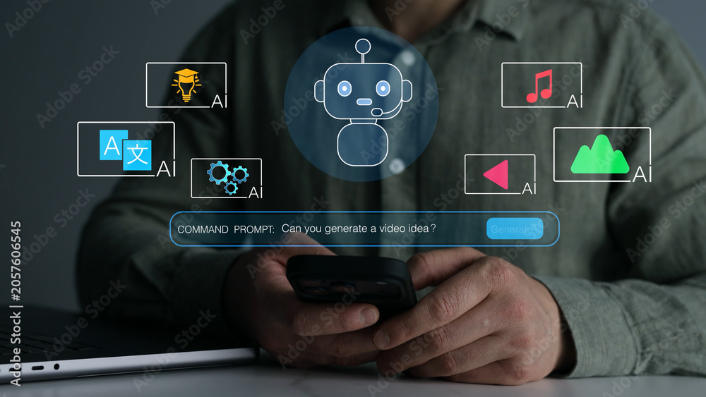 Obraz premium AI agent and artificial intelligence assistant with chatbot communication,smart content generation, prompt engineering,digital marketing tools,futuristic business automation technology.