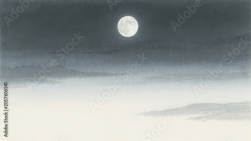 Ink wash depicts moonlit lake, full moon hangs over dark starry sky, mist covers shoals with blank space, serene zen oriental landscape painting material.
