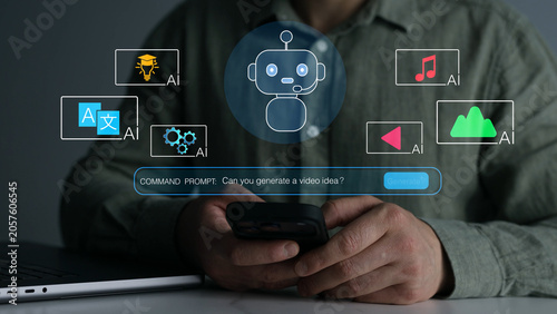 AI agent and artificial intelligence assistant with chatbot communication,smart content generation, prompt engineering,digital marketing tools,futuristic business automation technology.