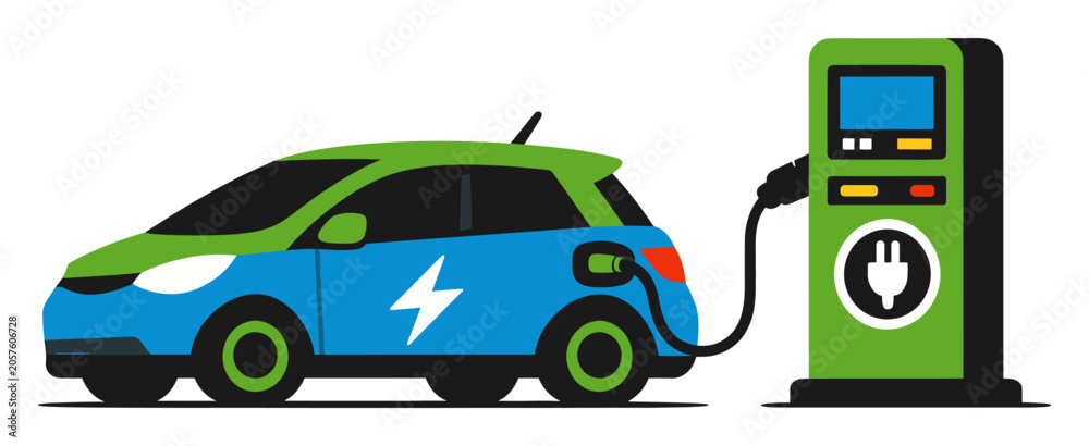 Naklejka premium Electric vehicle (EV) charging at a dedicated station, symbolizing green transport, future energy, and environmental sustainability