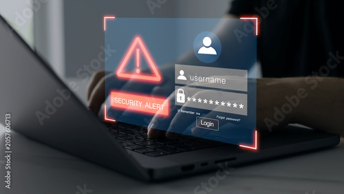 Cyber attack targeting online account authentication login security.Hacker attempting unauthorized access to personal data password breach,phishing,encryption vulnerability and digital network.