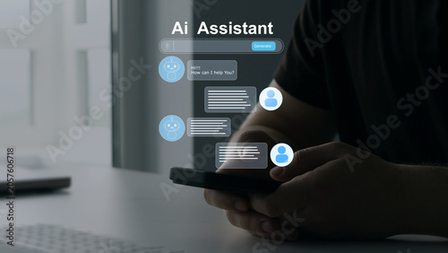 Online support Chatbot Assistant conversation. Virtual assistant, artificial intelligence Bot and CRM software automation technology. Customer person using chat service to get support.	
