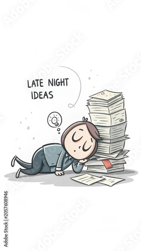 Cartoon character sleeping beside stack of papers with ideas