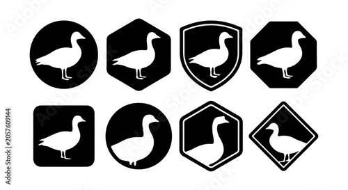 Goose icon set, silhouette, various shapes, white background