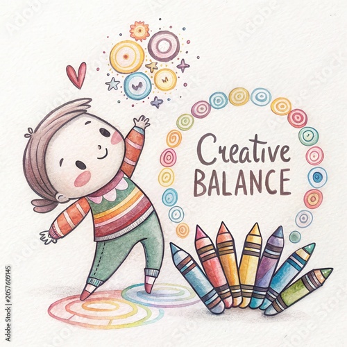 Colorful Illustration of Child with Crayons and Creative Balance Theme