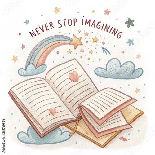 Colorful Illustration of Open Book with Whimsical Elements