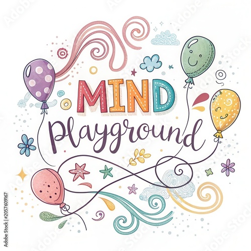 Colorful Mind Playground Illustration with Balloons and Whimsical Elements