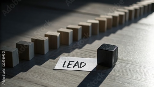 Concept of Leadership with Wooden Blocks and Lead Sign on Table
