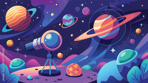 Colorful illustration featuring planets and telescopes, representing astronomical observation and discovery
