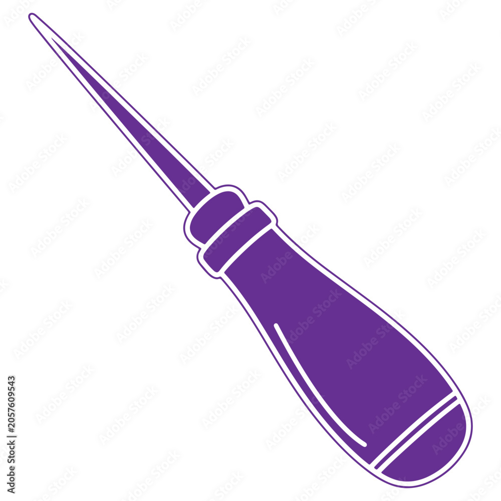 Obraz premium Purple screwdriver or craft tool with long sharp tip and rounded handle isolated on transparent background