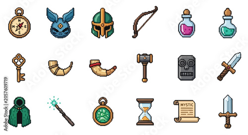 Fotografija A collection of eighteen pixel art icons featuring various fantasy role-playing game items like weapons, potions, armor, and magical tools