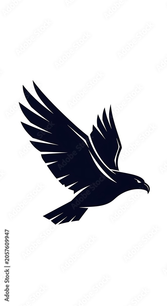 Fototapeta premium Black silhouette of a soaring eagle against white background.