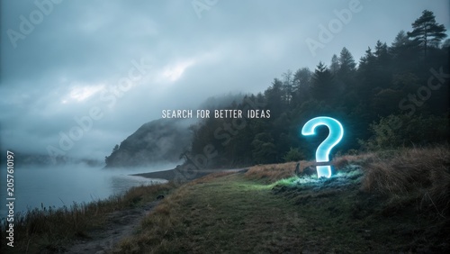 Glowing Question Mark in Foggy Landscape Inviting Exploration