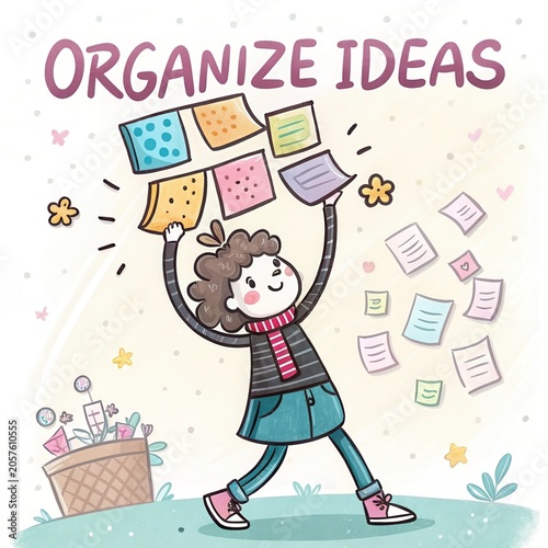 Playful Illustration of a Girl Organizing Colorful Sticky Notes