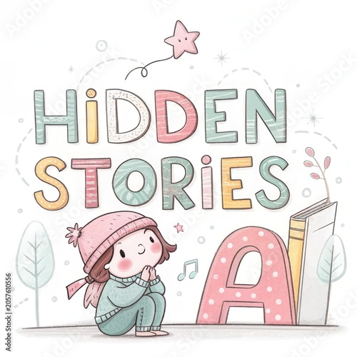 Playful Child Illustration with Hidden Stories Theme and Book