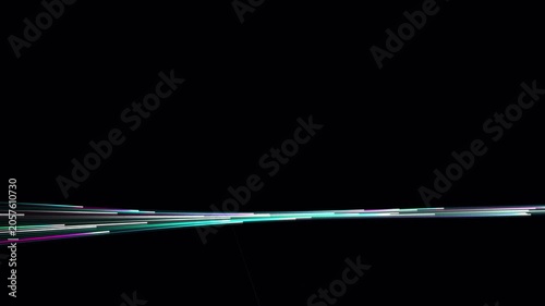 Splendid and high-quality hypnotic 3d curved symmetrical trails looping motion graphics. Features glowing neon pink, cyan, and emerald fiber optic light trails running horizontally