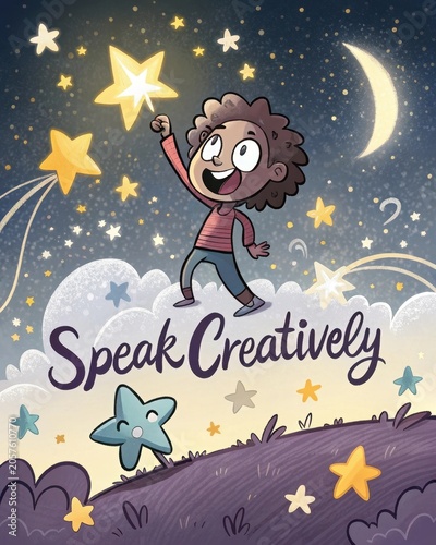 Whimsical Child Reaching for Stars in a Creative Night Sky