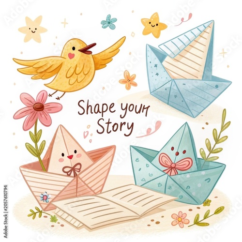 Whimsical Illustrations of Origami Boat, Bird, Flowers, and Stars
