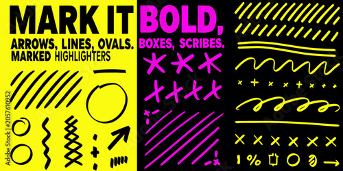 Foto Hand drawn marker lines shapes and scribbles on a black background
