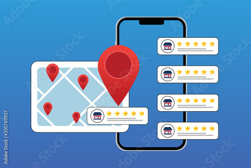 Local SEO Optimization Concept. Customer Reviews, Star Ratings and Map Pin Listings to Improve Regional Search Visibility and Business Discovery, Flat Vector Illustration.