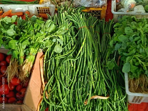 Green vegetables sold at local traditional market in indonesia